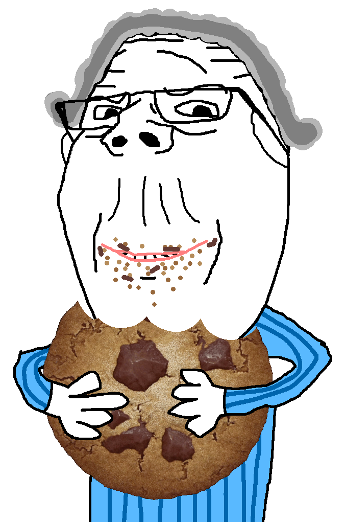 gapejak, wholesome soyjak, 1soyjak, blue shirt, closed mouth, cookie, elderly, female, glasses, grandma