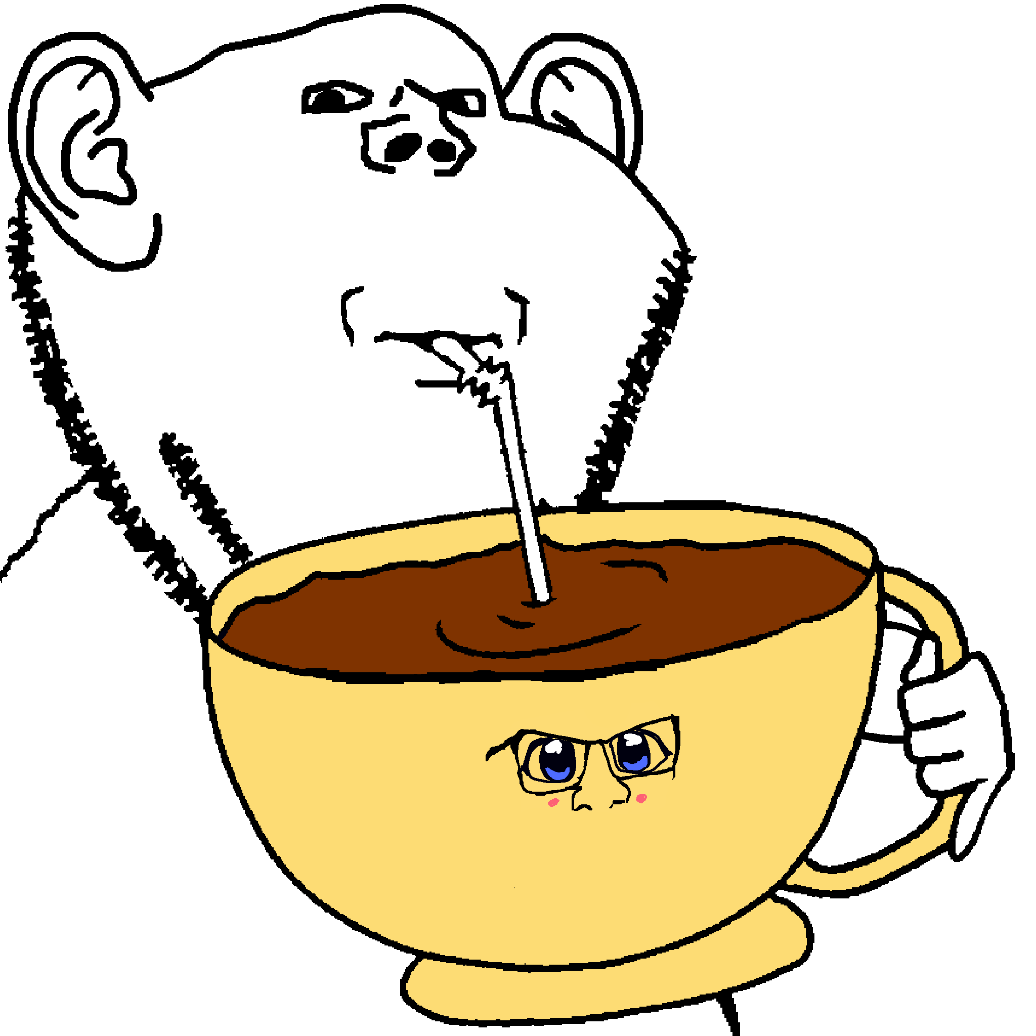 purupuru pururin, feraljak, impish soyak ears, condiment, impdrink, 2soyjak, arms crossed, black eyes, black glasses, blue eyes