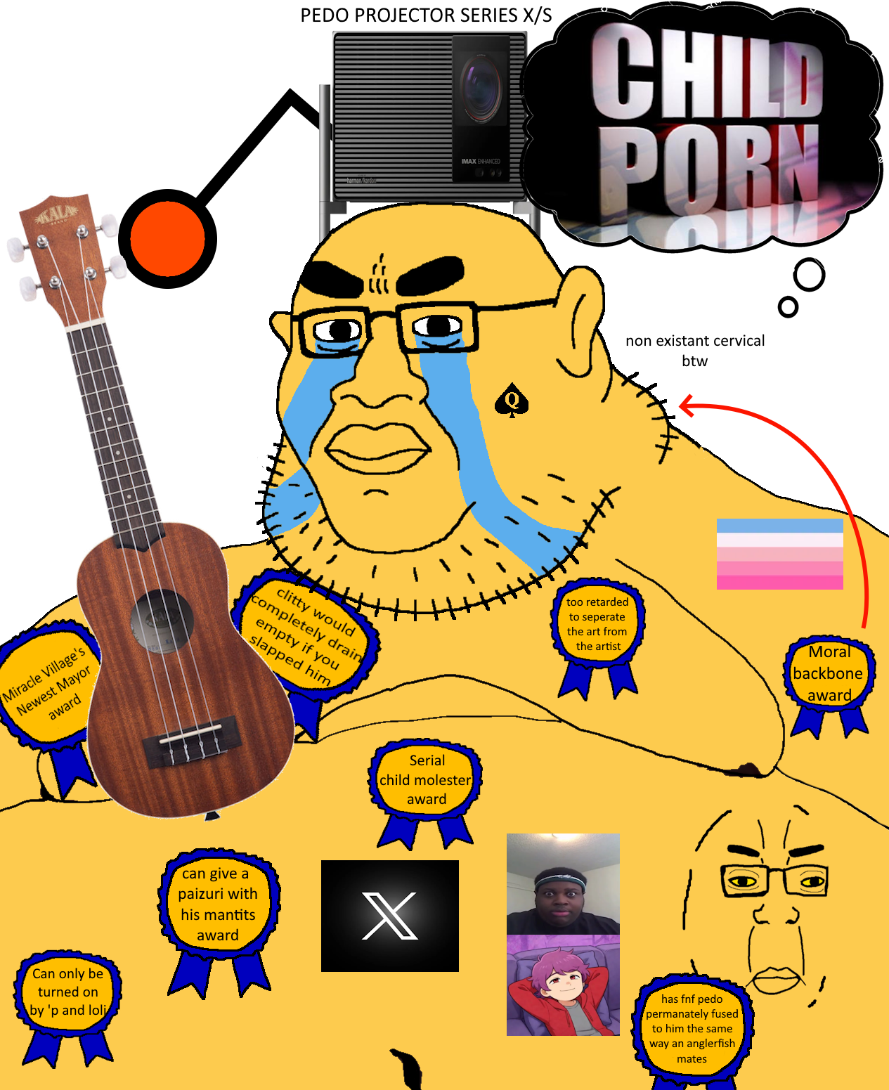 esl fnf pedo, chudjak, incel chudjak, 2soyjaks, angler fish, angry, bald, closed mouth, crying, fat