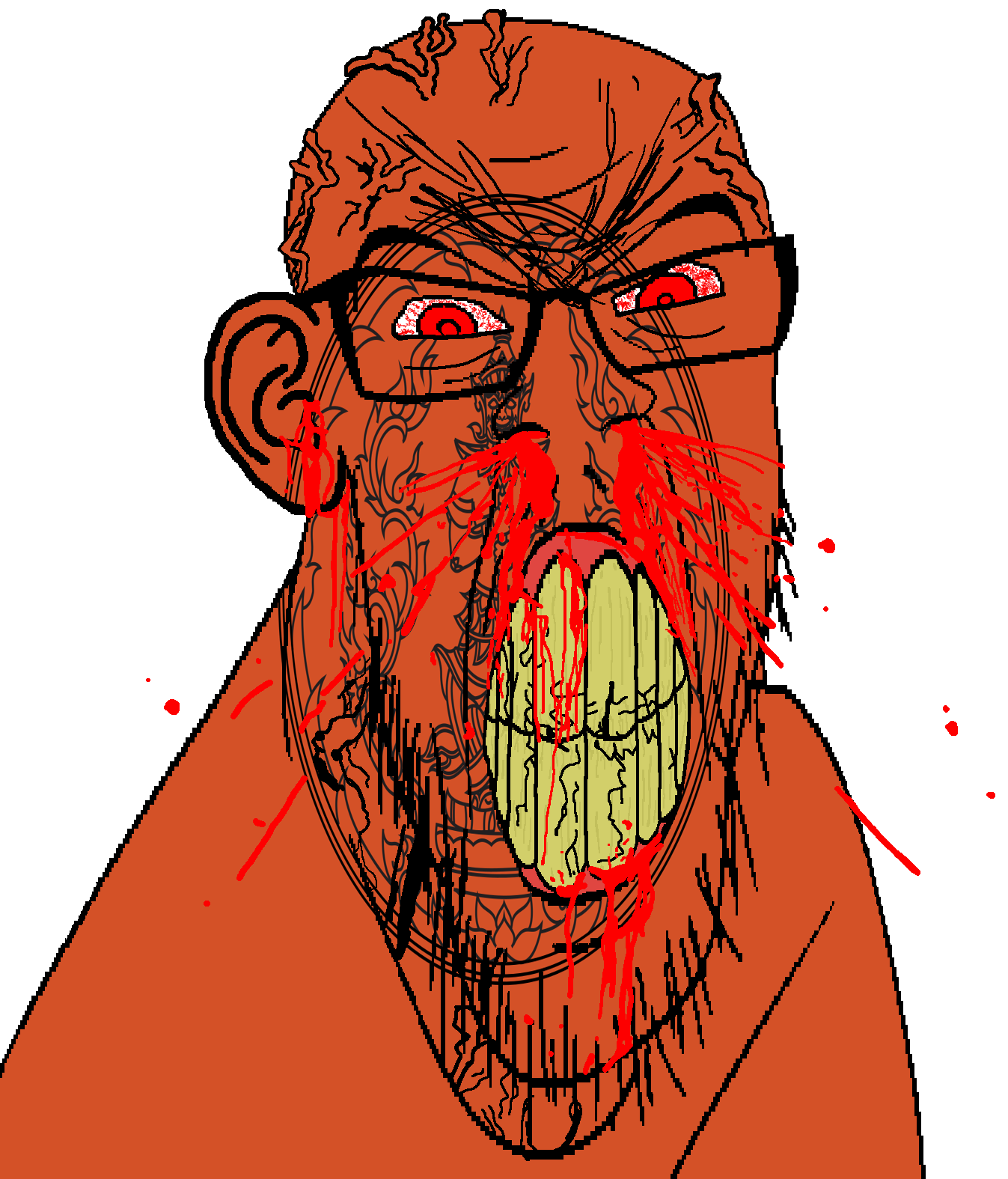 feraljak, feralrage, 1soyjak, angry, bald, blood, bloodshot eyes, clenched teeth, cracked teeth, ear