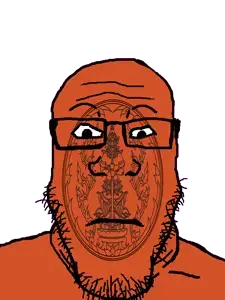 markiplier soyjak, neutralplier, 1soyjak, black eyes, closed mouth, flag, front view, full body, glasses, hinduism