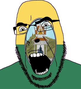 cobson, 1soyjak, angry, bald, building, bushy eyebrows, flag, glasses, hair, looking to the left