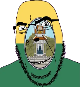 cobson, 1soyjak, bald, building, bushy eyebrows, flag, glasses, hair, half open mouth, happy