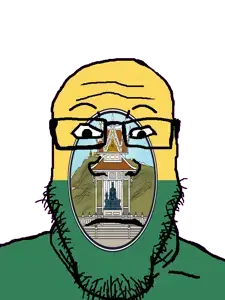 markiplier soyjak, neutralplier, 1soyjak, black eyes, building, closed mouth, flag, front view, glasses, looking at you