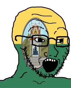 soyak, 1soyjak, bald, building, flag, glasses, looking to the right, mountain, open mouth, pavilion