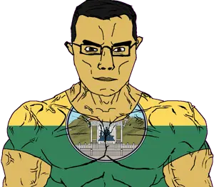 chudjak, chudjak front, muscular chud, 1soyjak, arm, brown eyes, brown skin, buff, building, closed mouth
