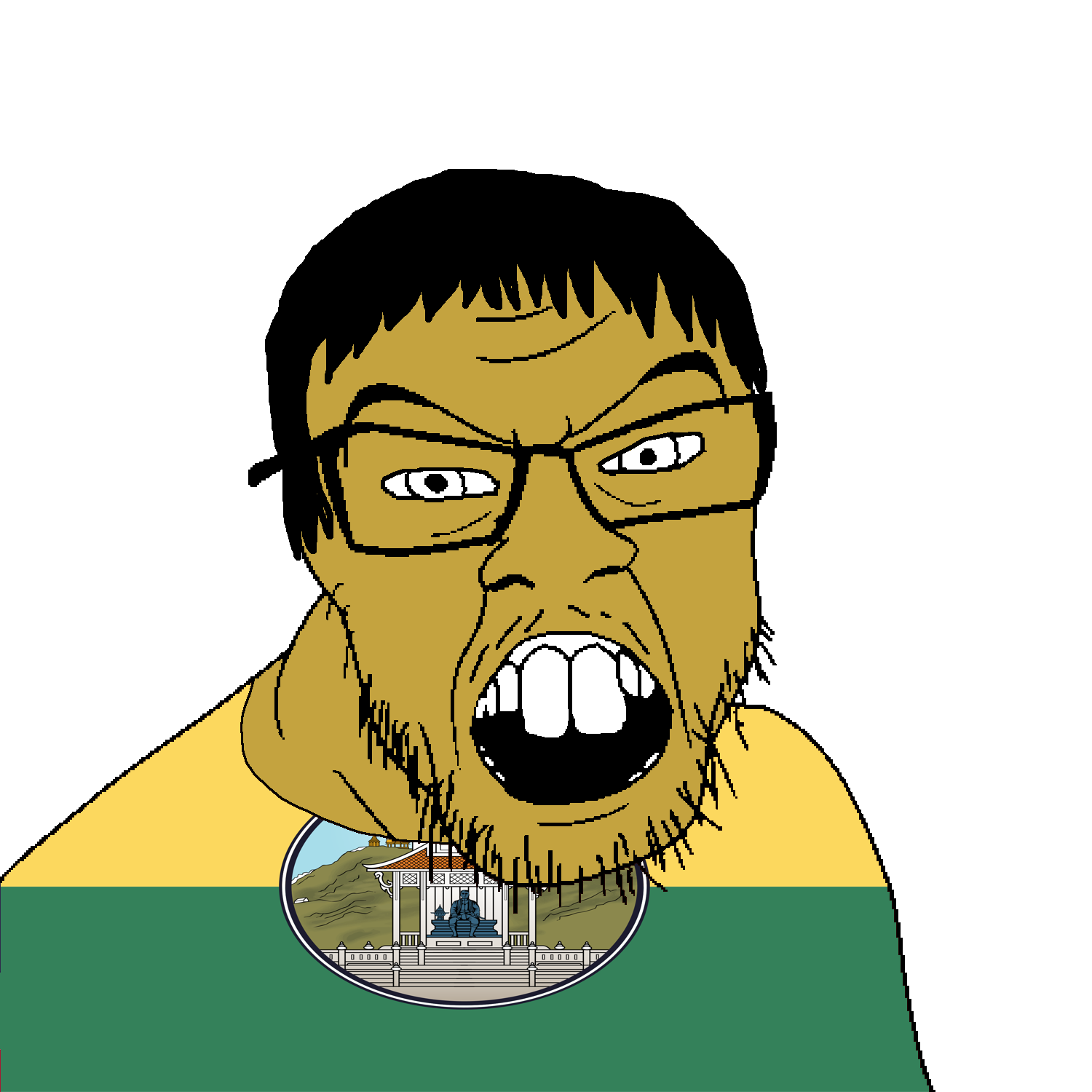 feraljak, 1soyjak, black hair, brown skin, building, clothes, flag, glasses, hair, looking to the right