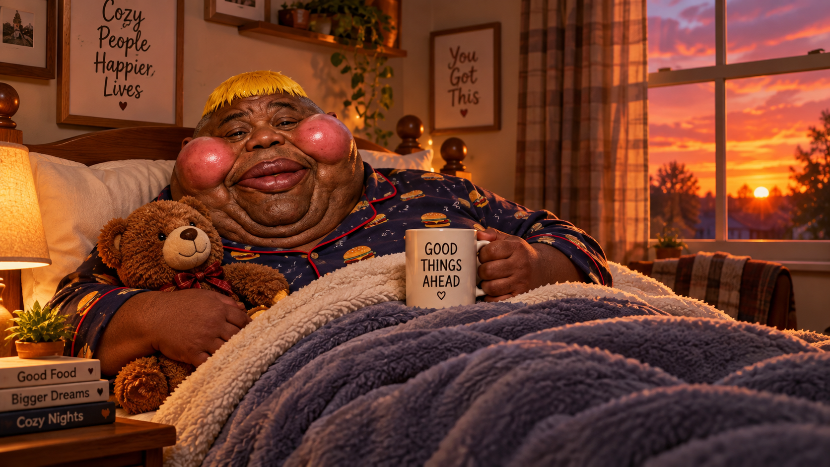 hunky twink sex machine, bed, bedroom, blonde hair, brown eyes, brown skin, calm, cozy, cup, fat