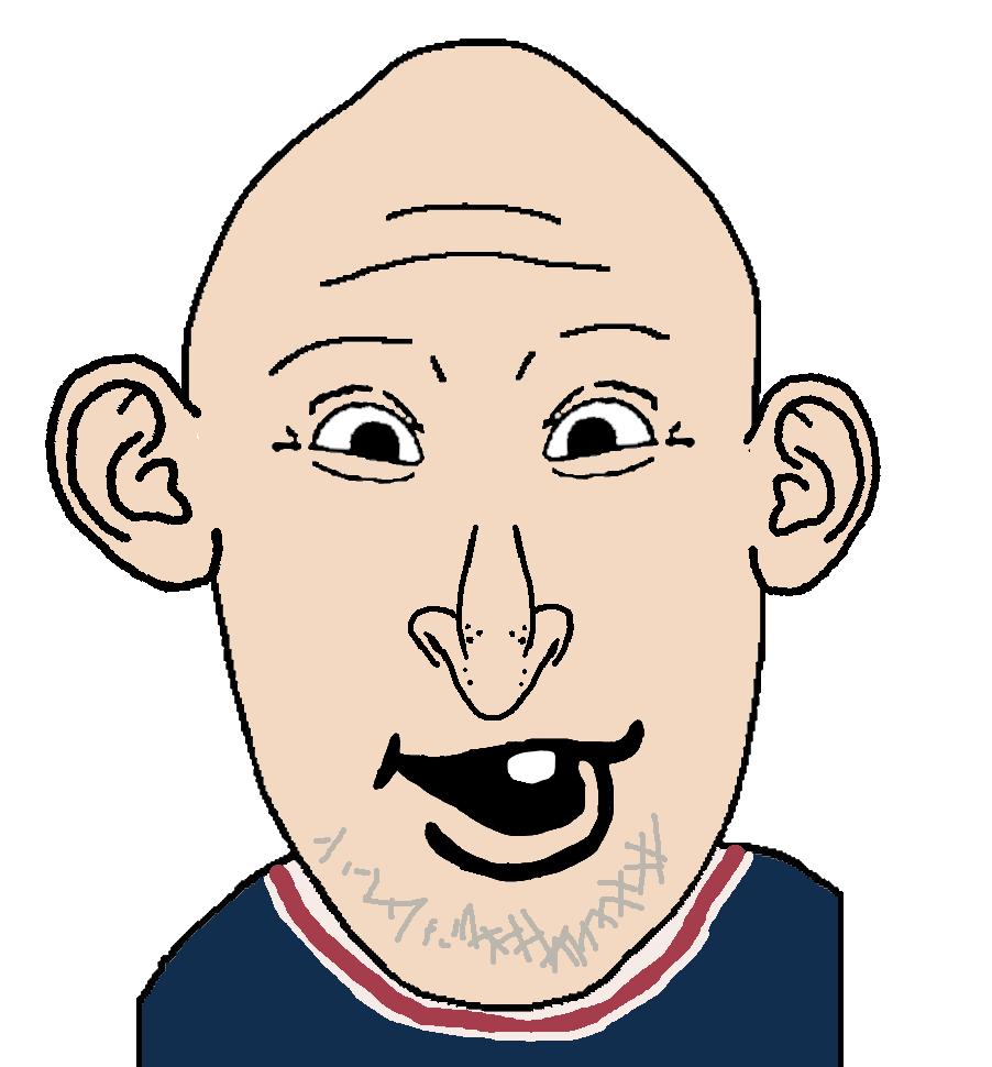 happy merchant, vlodson, 1soyjak, bald, beard, big ears, black eyes, blue shirt, ear, football