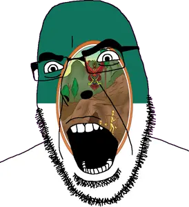 cobson, 1soyjak, angry, animal, bald, bushy eyebrows, cave, clothes, flag, full body