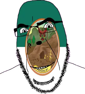 cobson, 1soyjak, animal, bald, bushy eyebrows, cave, clothes, flag, full body, garuda
