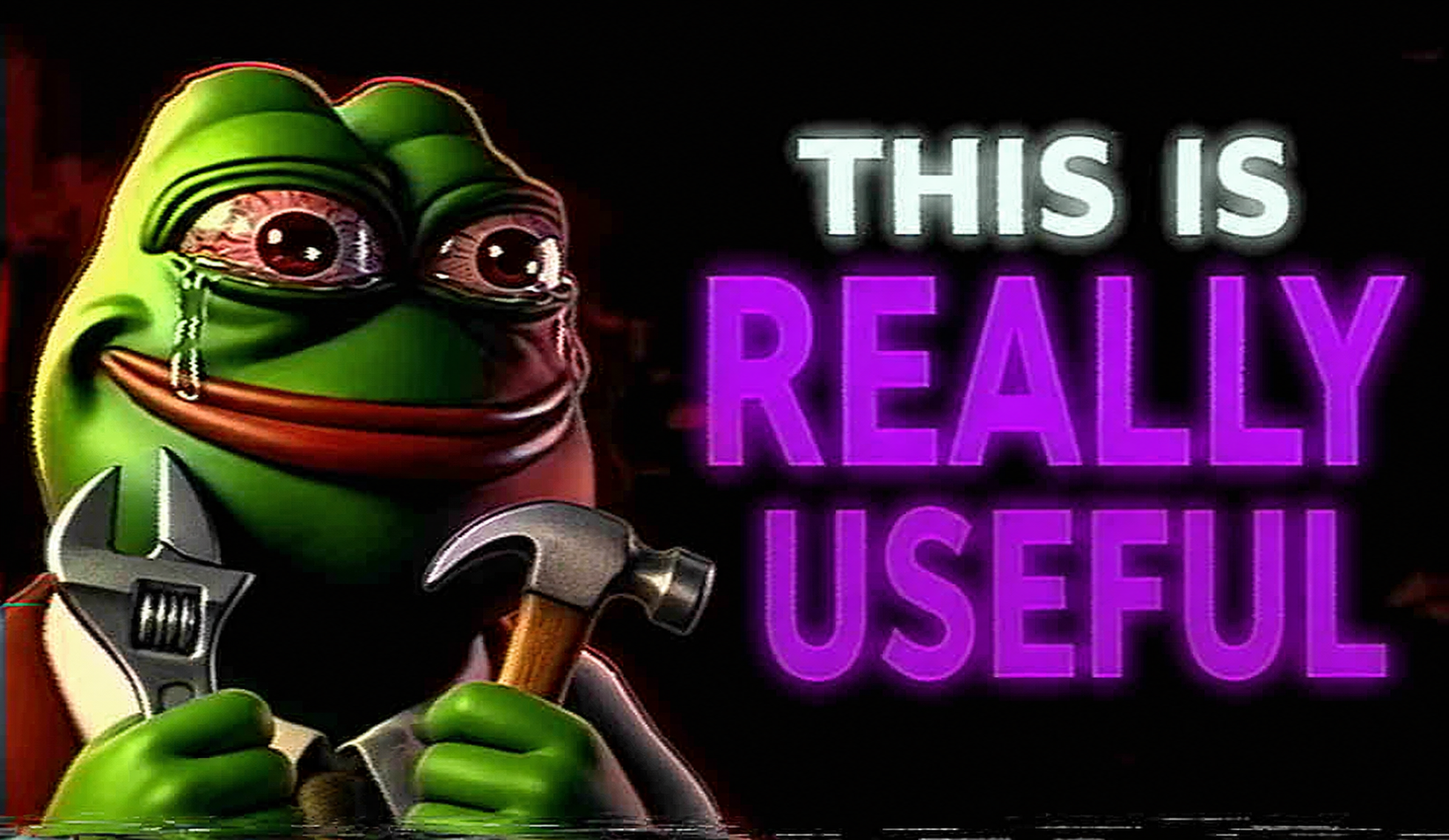 pepe, pepelaugh, this is really, bald, black background, bloodshot eyes, closed mouth, crying, green skin, hammer