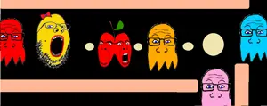 cobson, gapejak, markiplier soyjak, blue eyes, bowtie, cherry, closed mouth, clothes, female, food