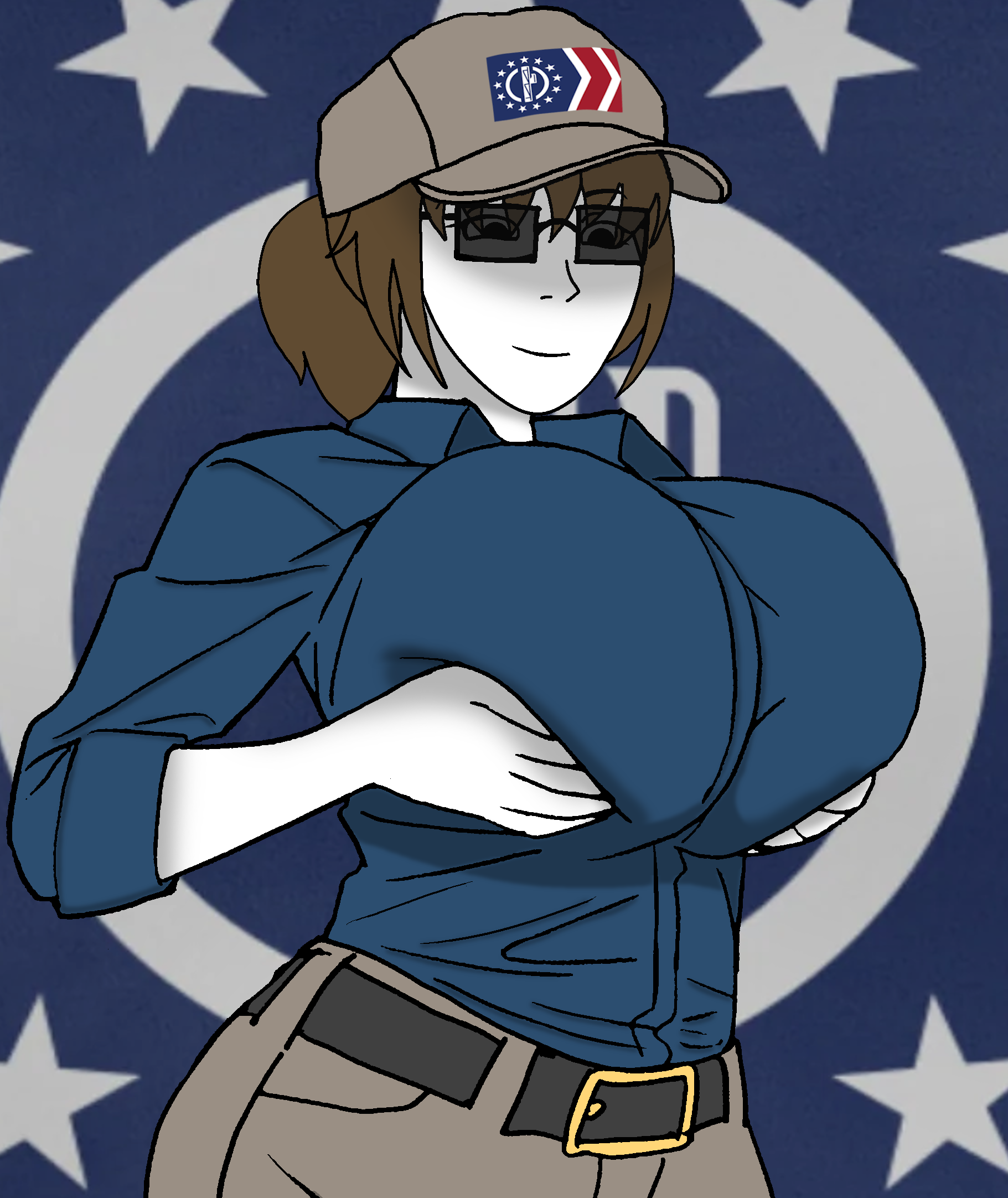 twin patriot, soyak, soygirl, femjak, belt, big breasts, blue shirt, breasts, brown hair, cap