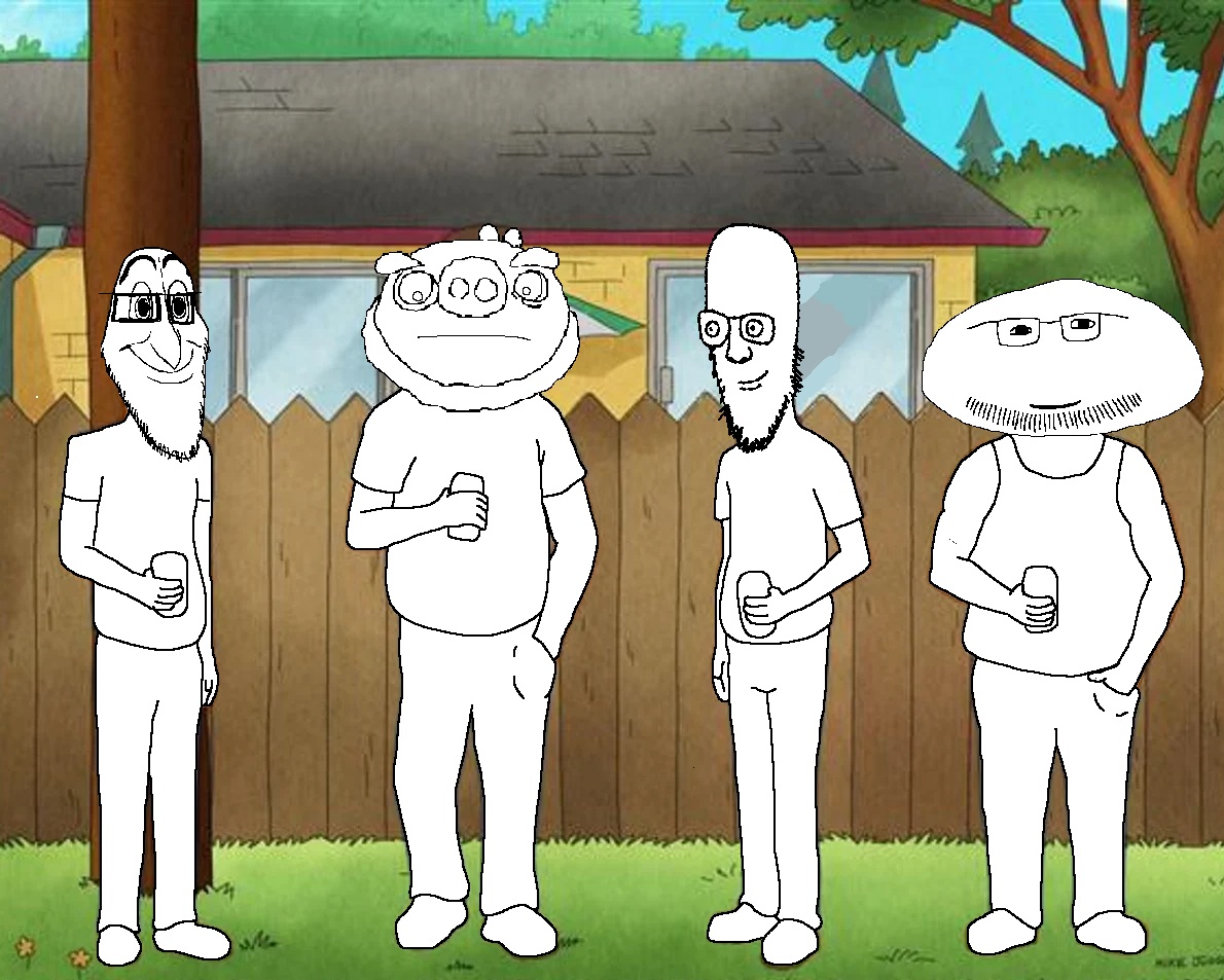 doughjak, headjak, leonardjak, xooldude, useful soys, 4soyjaks, bald, black eyes, closed mouth, clothes