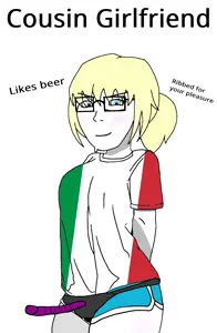 soyak, soygirl, femjak, soygirlfriend, 1soyjak, aryan warrior's cousin, black eyes, blonde hair, closed mouth, cousin