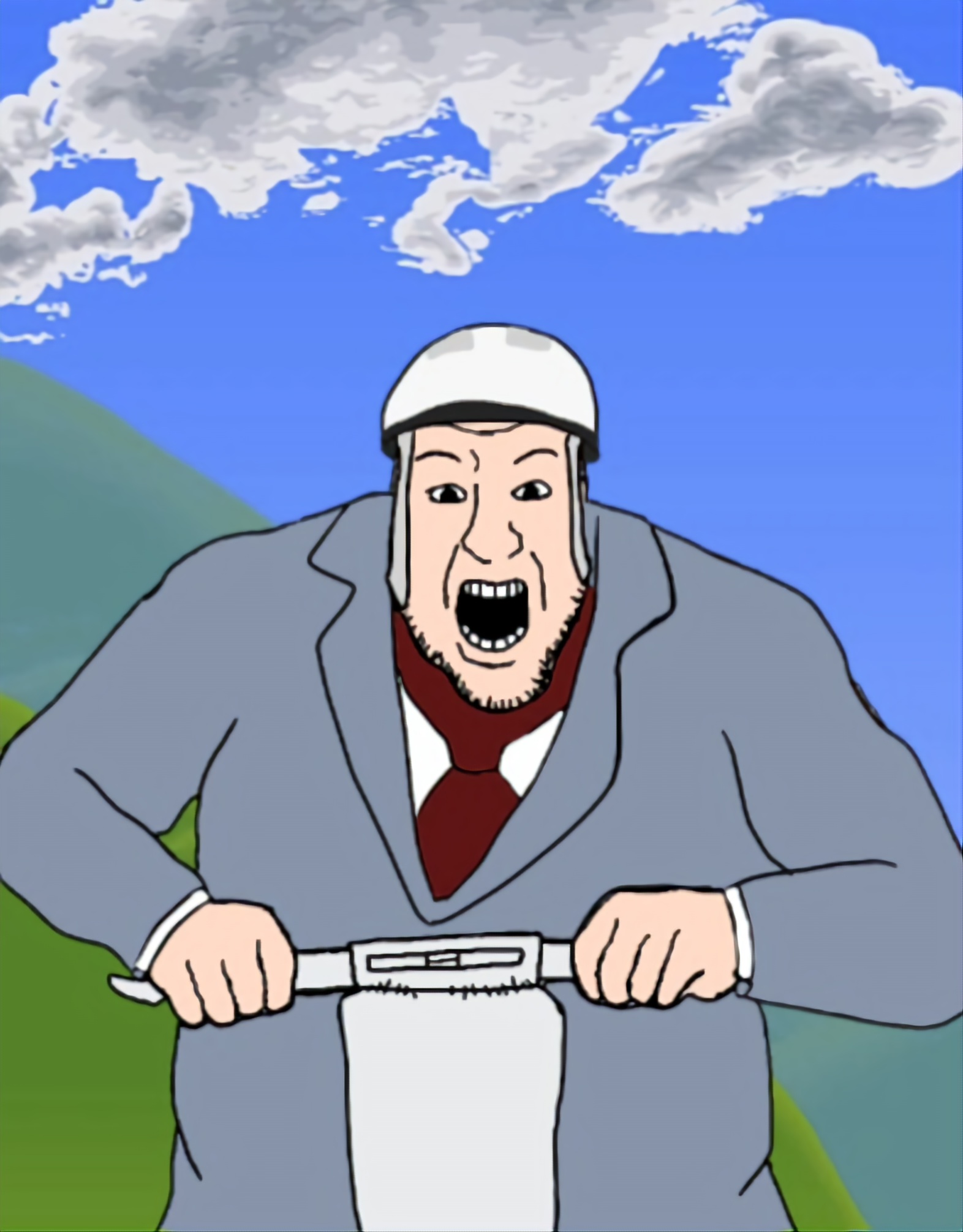 segway guy, blartjak, 1soyjak, 2010s, black eyes, blue suit, fat, flash game, front view, half body