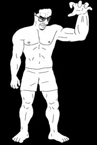 chudjak, chudjak seething, 1soyjak, angry, black background, black eyes, black hair, buff, closed mouth, front view