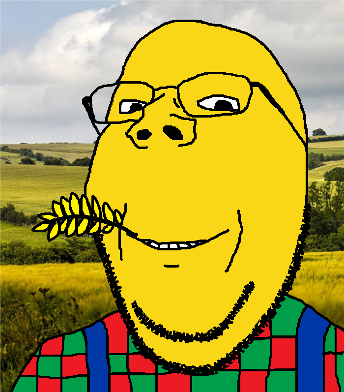 gapejak, wholesome soyjak, 1soyjak, bald, blue sky, farm, farmer, fat, field, glasses