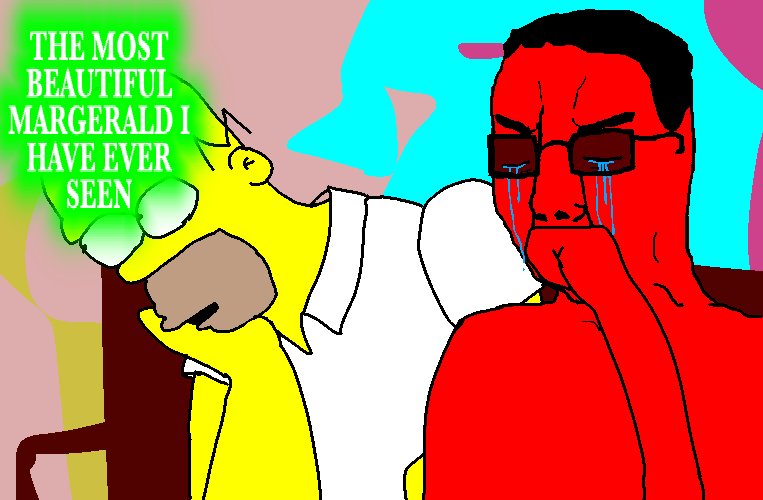 homer simpson, chudjak, 1soyjak, 2soyjaks, bench, closed eyes, crying, drawn background, glasses, glowing text