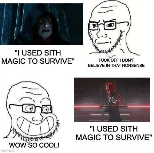 darth maul, palpatine, soyak, so true!, calarts, 2soyjaks, bald, black eyes, closed mouth, clothes