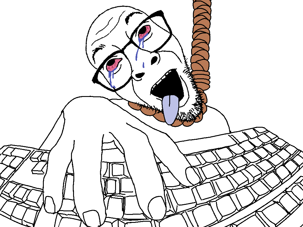darren, 1soyjak, ack, bald, bloodshot eyes, computer, crying, dead, front view, half body