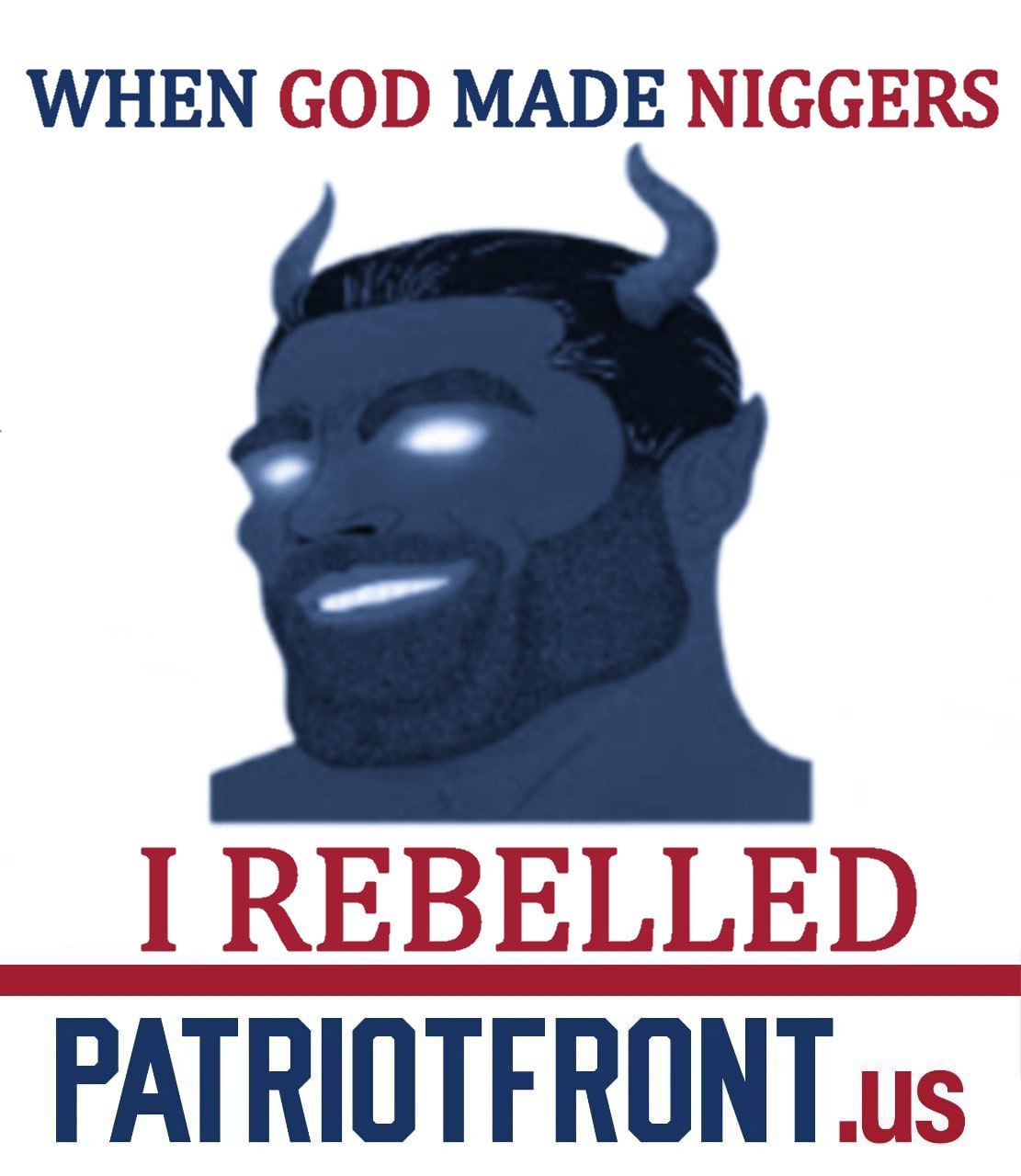 gigachad, beard, black hair, blue skin, buff, closed mouth, demon, ears, glowing eyes, god