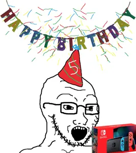 soyak, birthday, clothes, glasses, hat, nintendo, nintendo switch, open mouth, part hat, party