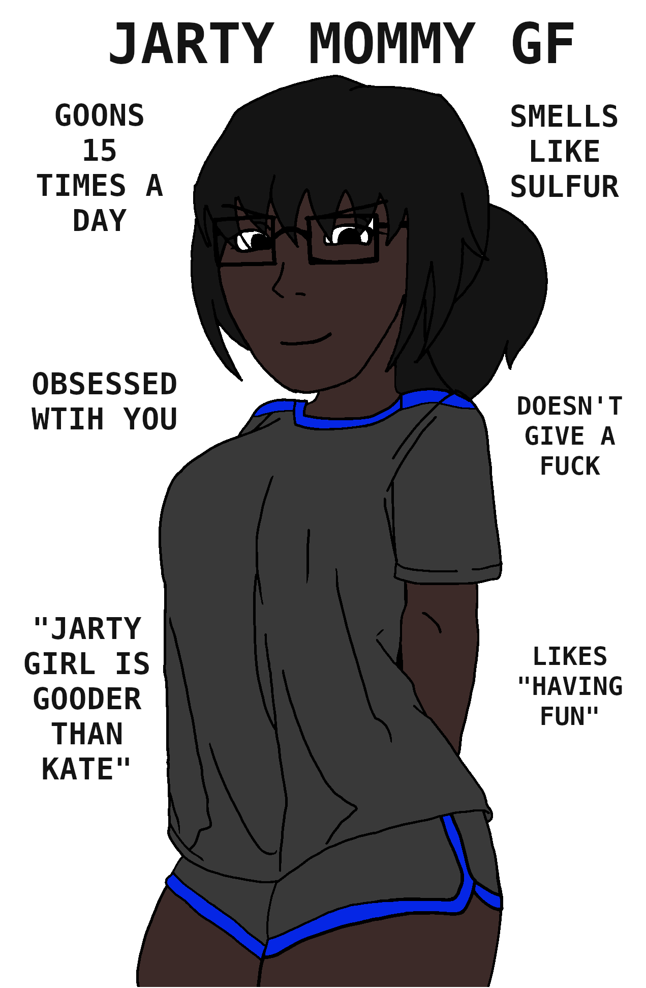 soyak, soygirl, femjak, jartycuck, soygirlfriend, 1soyjak, black hair, brown skin, closed mouth, female