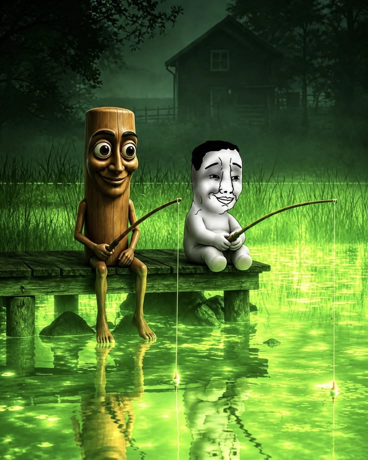 tung tung tung sahur, chudjak, 1soyjak, animal, black eyes, closed mouth, fish, fishing, happy, no beard