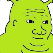 wojak, bald, black eyes, closed mouth, fat, green skin, looking to the right, no beard, no glasses, ogre