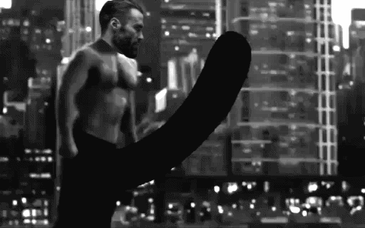 gigachad, superman, beard, black hair, boner, buff, building, cape, closed mouth, clothes