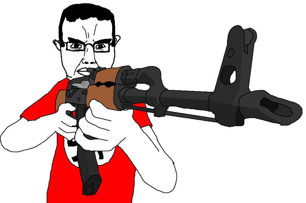 chudjak, chudjak front, ak-47, arm, assault rifle, black hair, closed mouth, clothes, glasses, gun