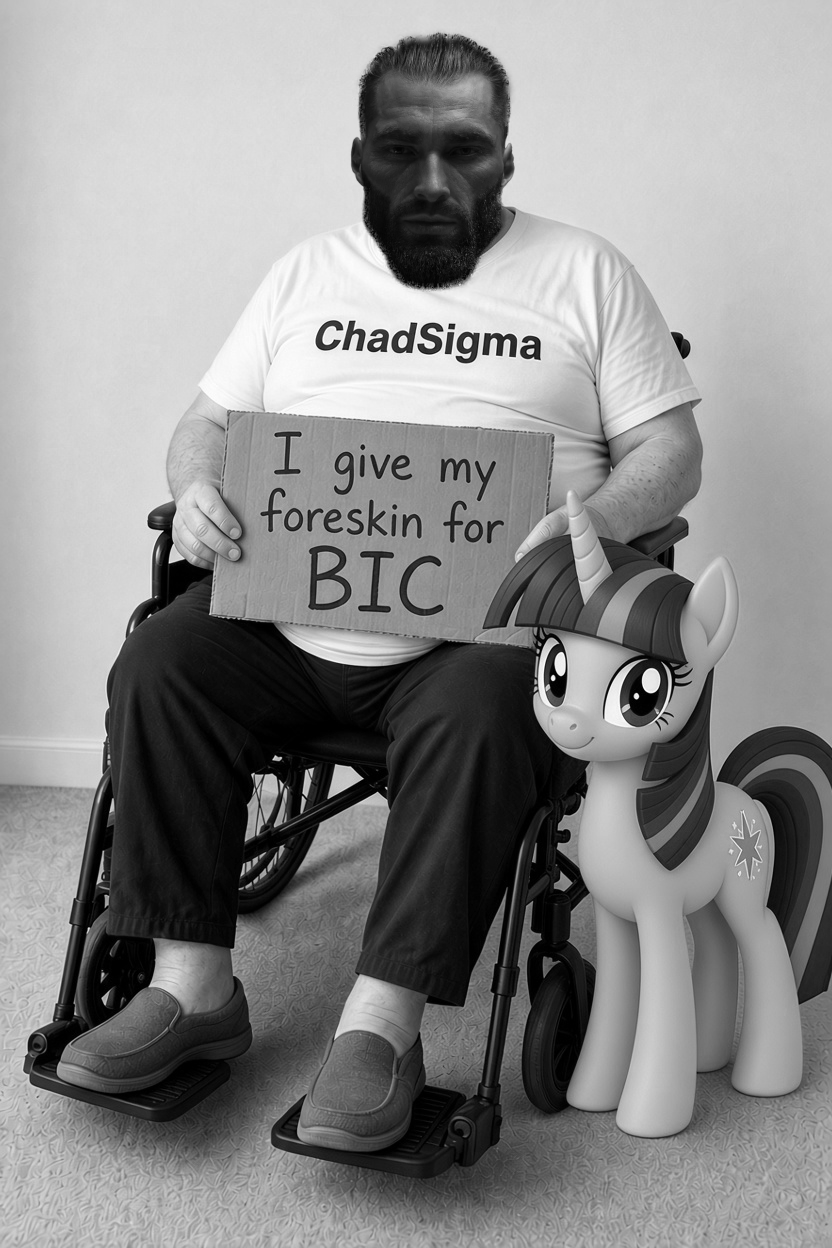 gigachad, twilight sparkle, animal, beard, black eyes, black hair, closed mouth, fat, front view, full body