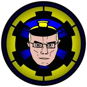 police man ganson, chudjak, chudjak front, muscular chud, blonde hair, closed mouth, emblem, glasses, hair, logo
