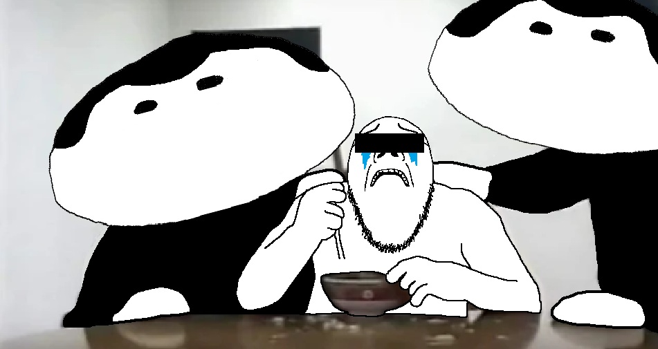 doughjak, newton, 3soyjaks, bald, black eyes, black hair, black shirt, blank room soup, censor bar, chubby