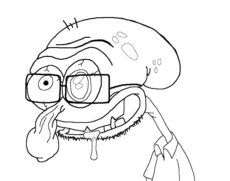 squidward tentacles, insane squidcuck, useful soys, 1soyjak, big nose, black and white, blood, bloodshot eyes, closed mouth, clothes