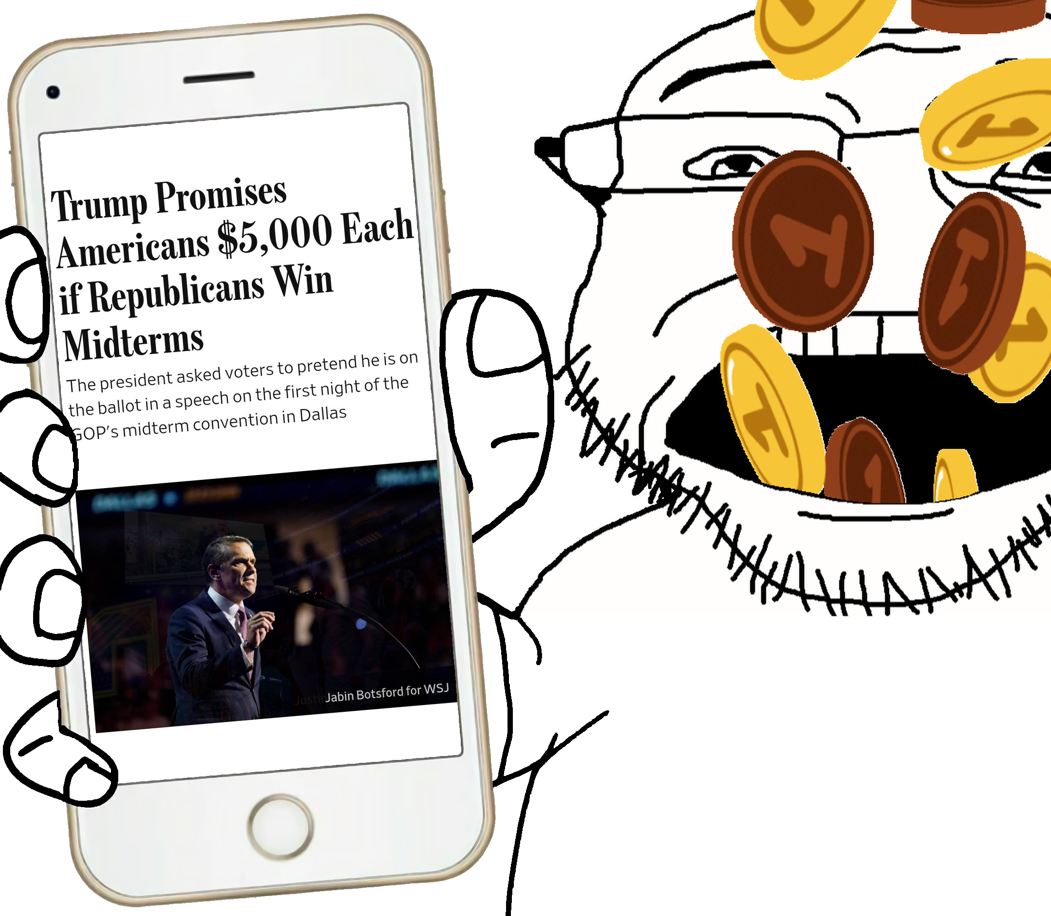 donald trump, coinjak, phoneplier vertical, showing phone, 1soyjak, apple (company), arm, bald, coin, glasses