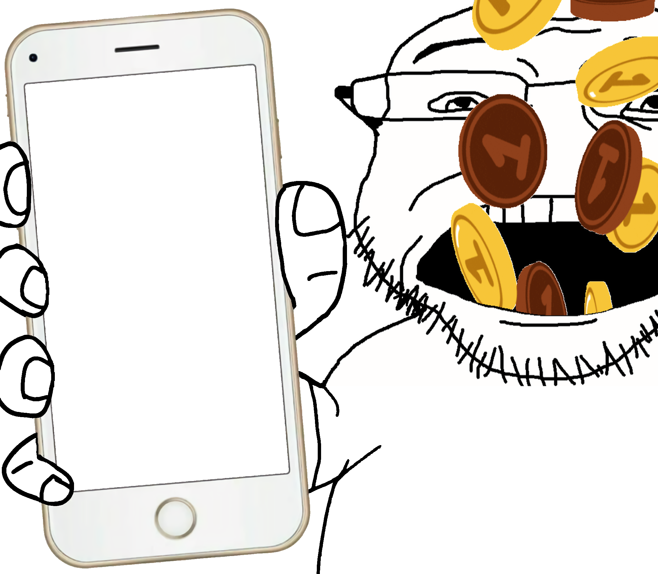 coinjak, phoneplier vertical, showing phone, 1soyjak, apple (company), arm, bald, coin, glasses, half body