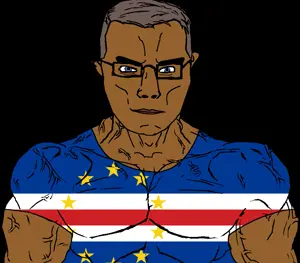 chudjak, chudjak front, muscular chud, 1soyjak, a10 eyes, black background, brown hair, brown skin, buff, cape verde