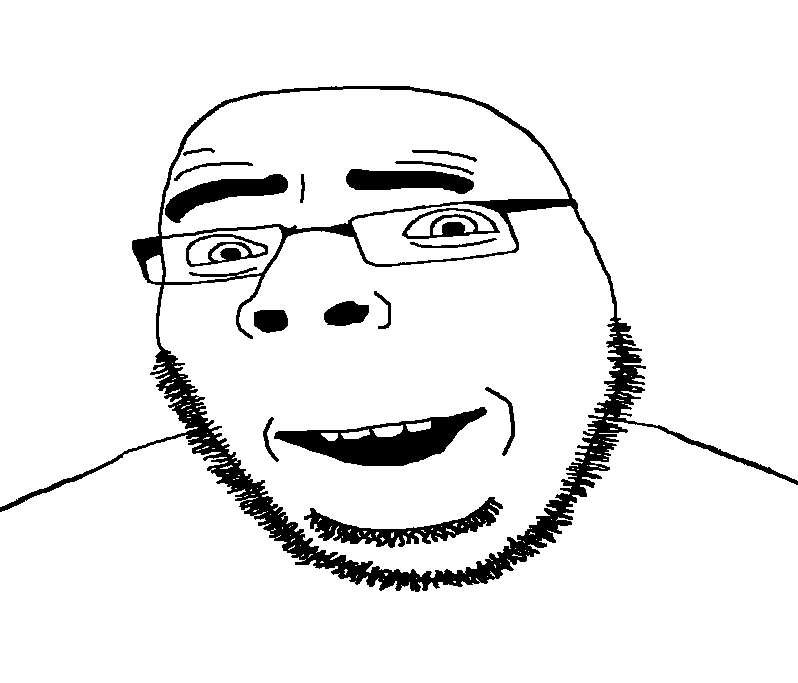 cobson, pleasedson, 1soyjak, bald, chin, double chin, eyebrows, glasses, happy, looking at you