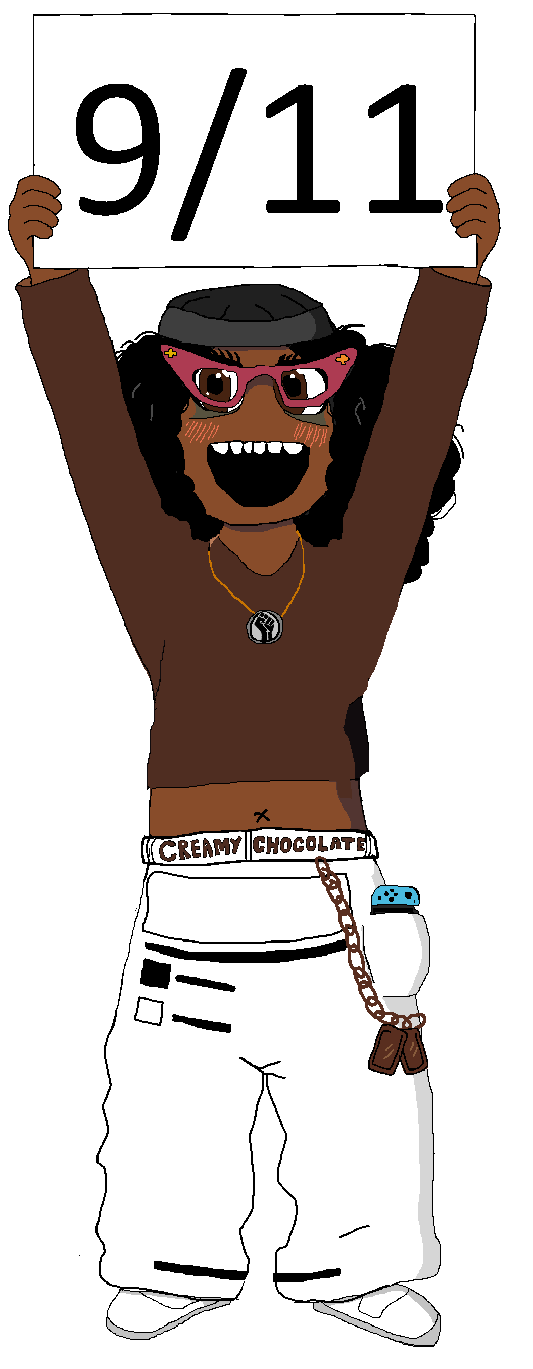 soyniqua, soytan, 9/11, black hair, blm logo, brown eyes, brown shirt, brown skin, curly hair, female