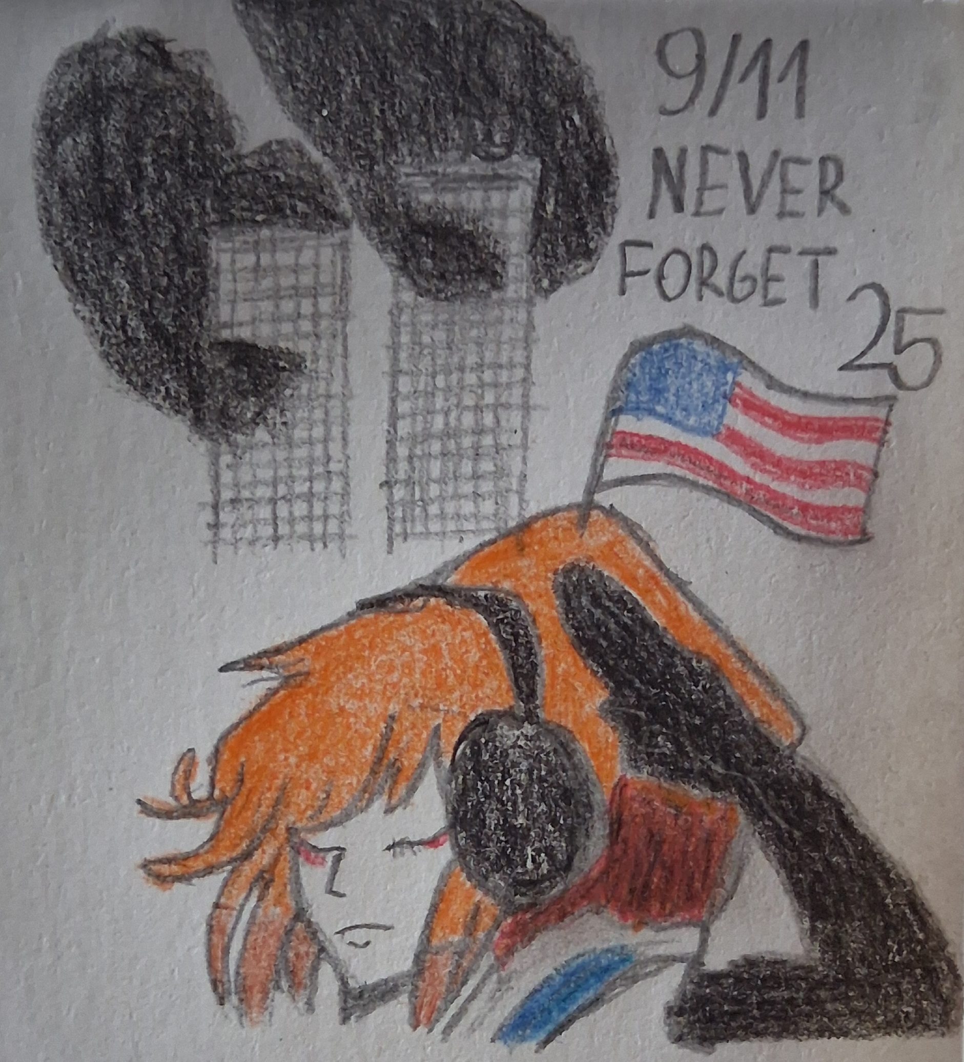 daina, 25, 9/11, black gloves, building, closed eyes, closed mouth, elbow gloves, female, flag