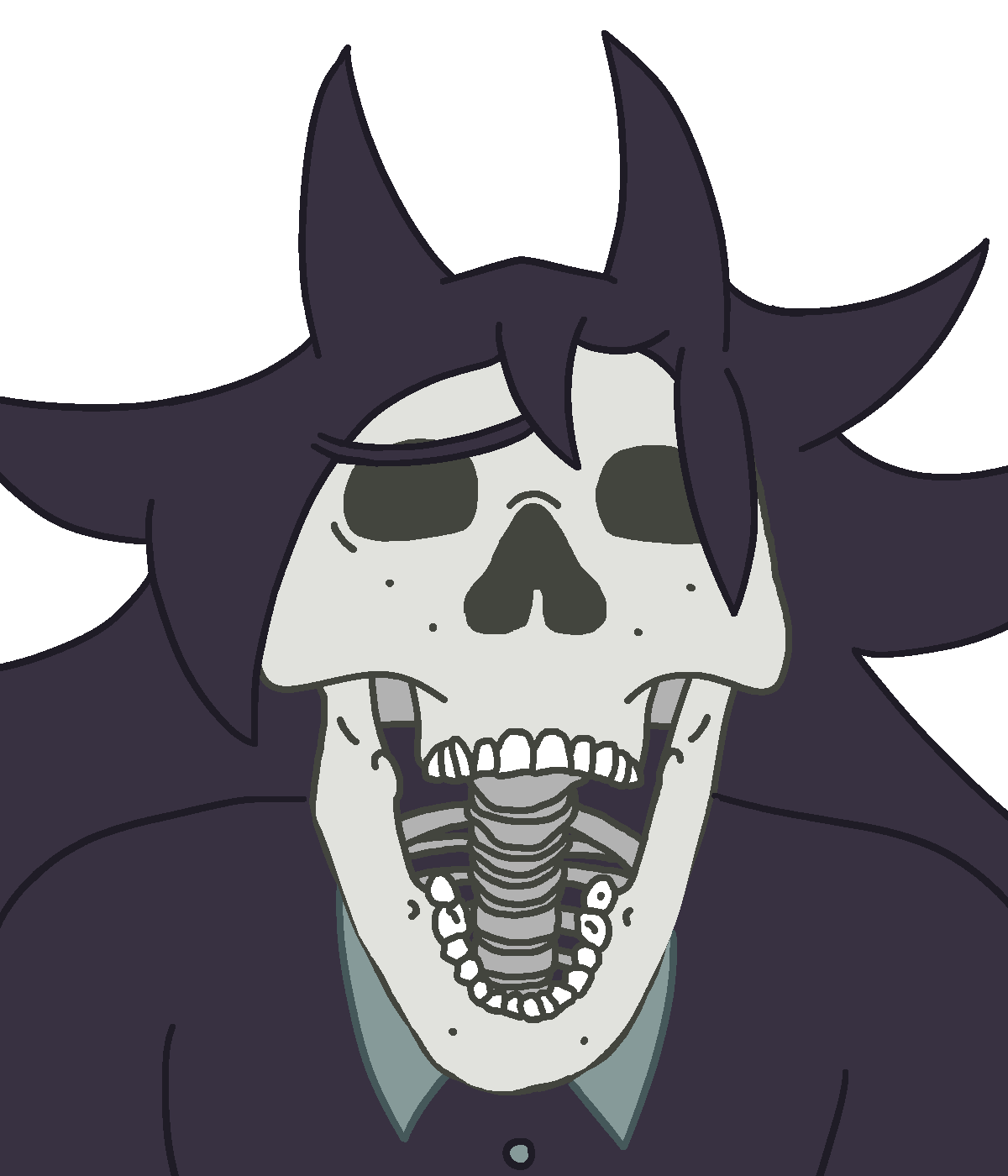 miss circle, bernd, skeletonjak, 1soyjak, black hair, bone, bones, clothes, front view, gaping mouth