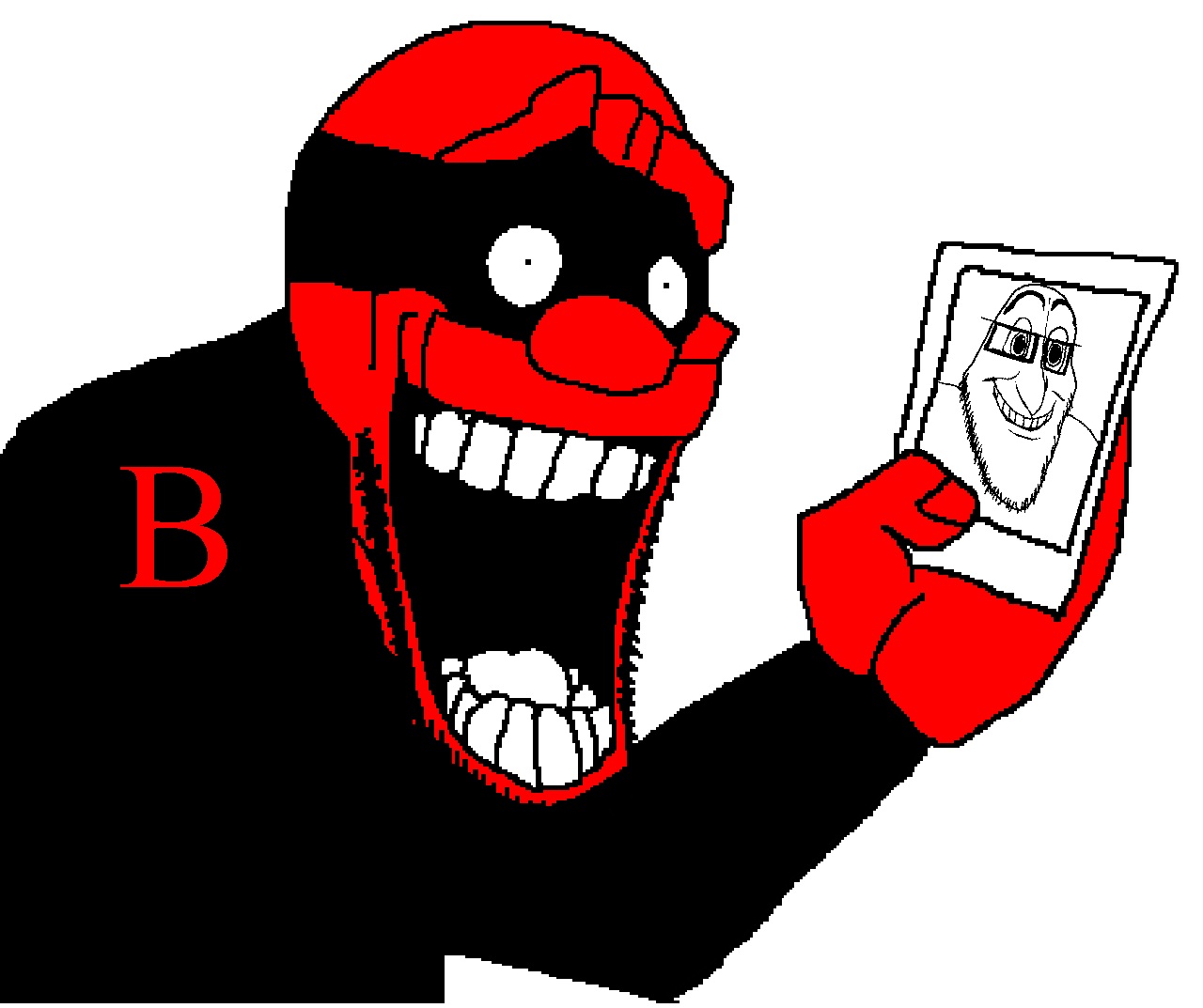 shucksson, xooldude, 2soyjaks, b (letter), bald, black eyes, black shirt, gaping mouth, glasses, holding picture