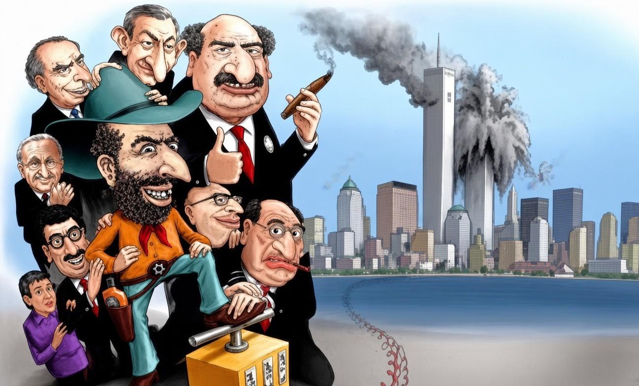 happy merchant, 9/11, beard, benjamin netanyahu, big nose, black hair, black suit, blasting machine, building, buildings