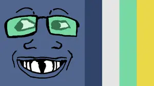 markiplier soyjak, grinlook poggers, 1soyjak, bald, beard, black eyes, blue skin, flag, glasses, half open mouth