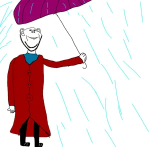 Impjak in rain with an umbrella a red coat and a blue cardigan underneath with black pants and boots