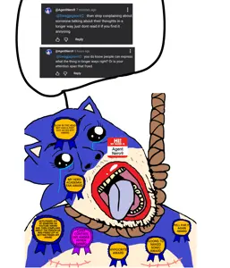 sonic the hedgehog, bernd, hanging troonjak, troonjak, 1soyjak, ack, black eyes, blue hair, brown skin, disgusted