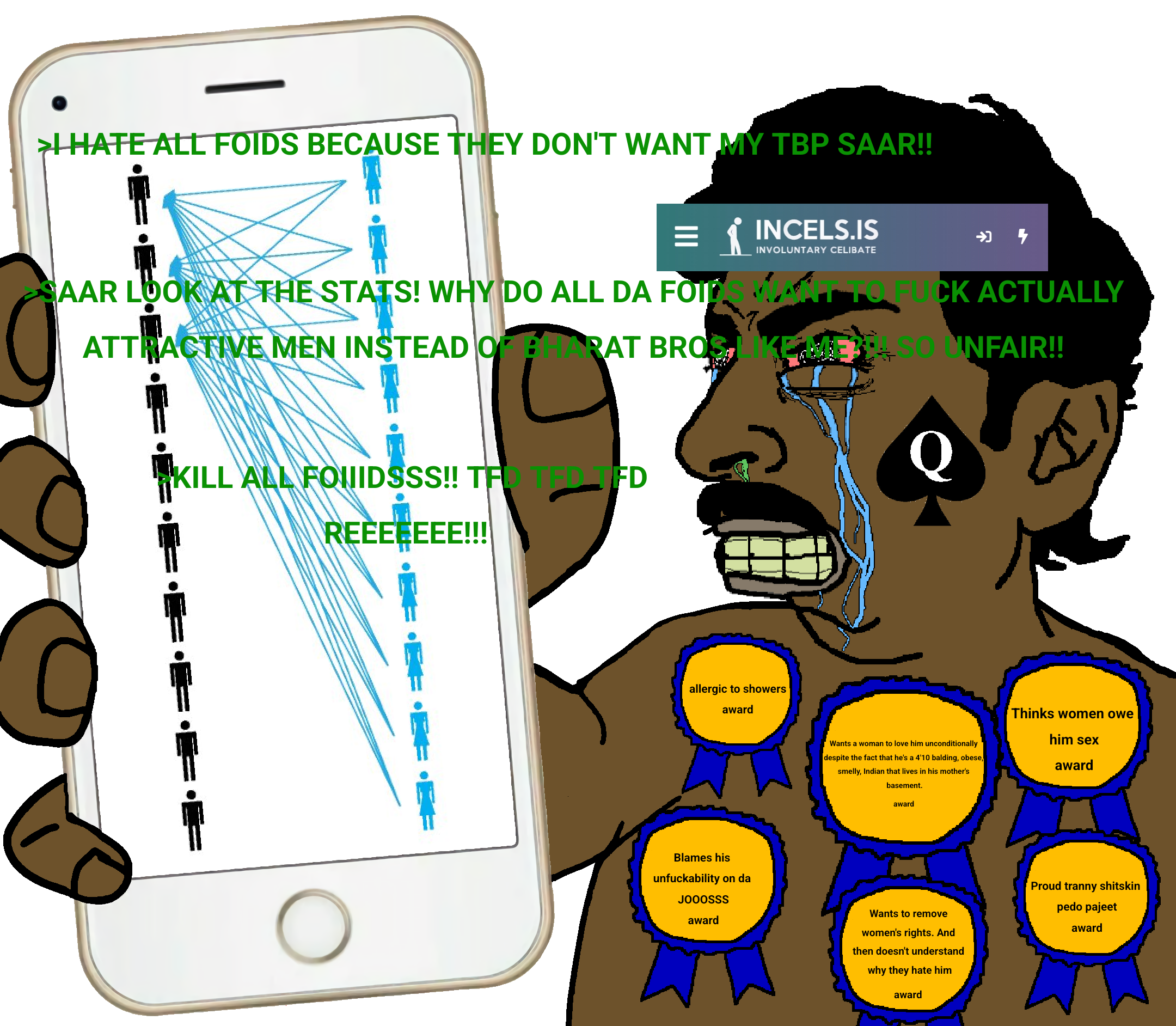 smelly personjak, showing phone, award, awards, black hair, black pill, bloodshot eyes, brown skin, crying, english text
